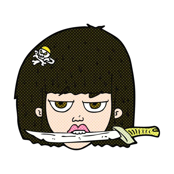 歯間ナイフを保持しているレトロなコミック スタイル漫画女性 — ストックベクタ