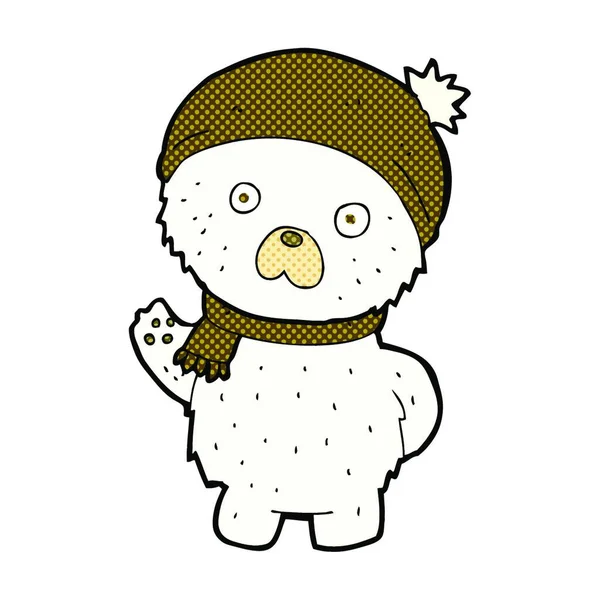 Retro Cómic Estilo Dibujos Animados Lindo Oso Polar Sombrero Invierno — Vector de stock