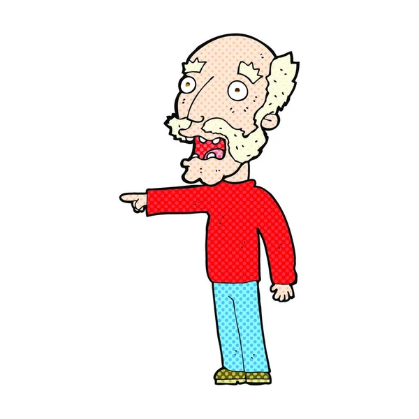 Retro Comic Style Cartoon Scared Old Man Pointing — стоковый вектор