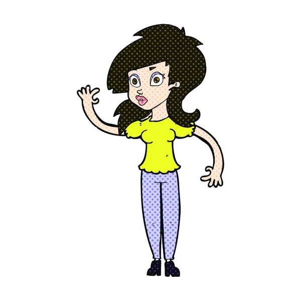 Retro Quadrinhos Estilo Cartoon Mulher Bonita Acenando — Vetor de Stock