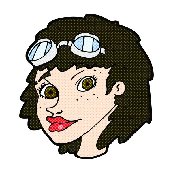 Retro Quadrinhos Estilo Cartoon Feliz Mulher Vestindo Óculos Aviador —  Vetores de Stock