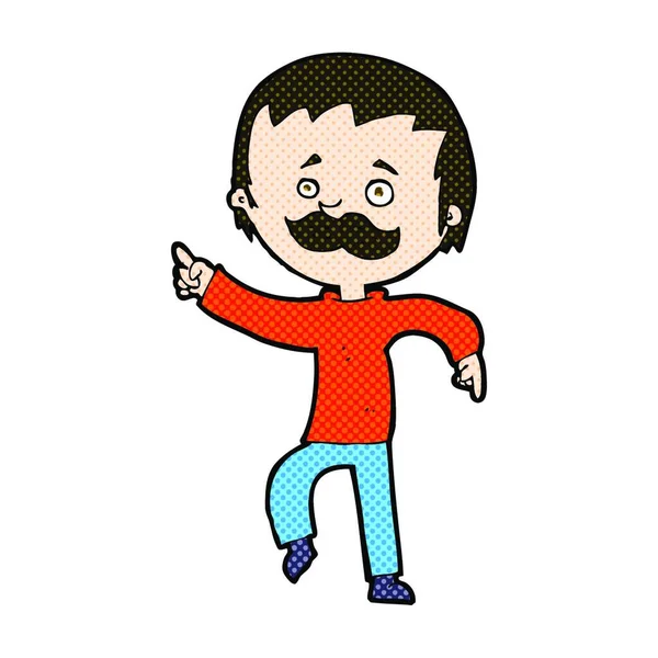 Rétro Bande Dessinée Style Homme Dessin Animé Avec Moustache Pointant — Image vectorielle