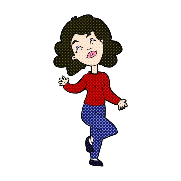 Komiks Retro Styl Kreslených Šťastná Žena Tanec — Stockový vektor