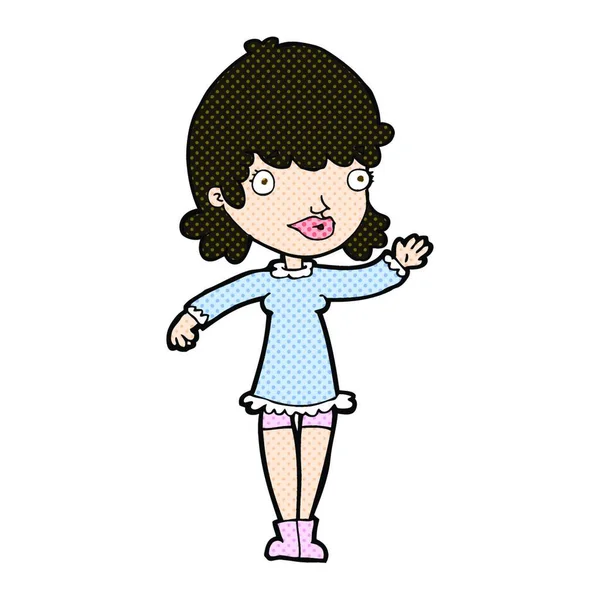 Retro Quadrinhos Estilo Cartoon Mulher Acenando — Vetor de Stock