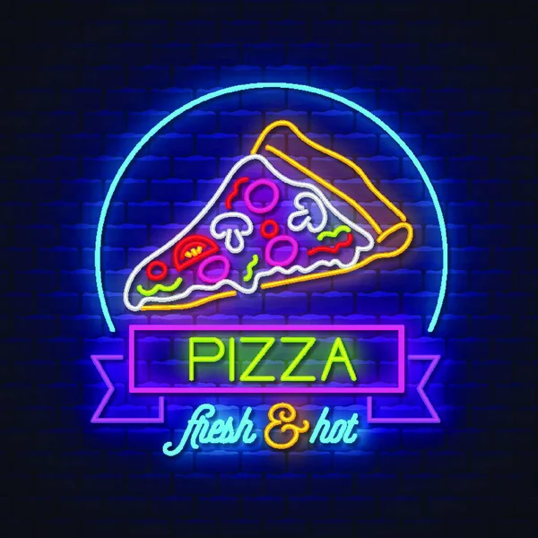 Pizza Neon Sign Vector Pizza Neon Sign Brick Wall Background — Stock Vector