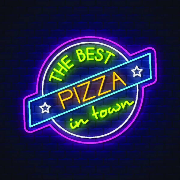 Pizza Neon Sign Vector Sinal Néon Pizza Fundo Parede Tijolo — Vetor de Stock