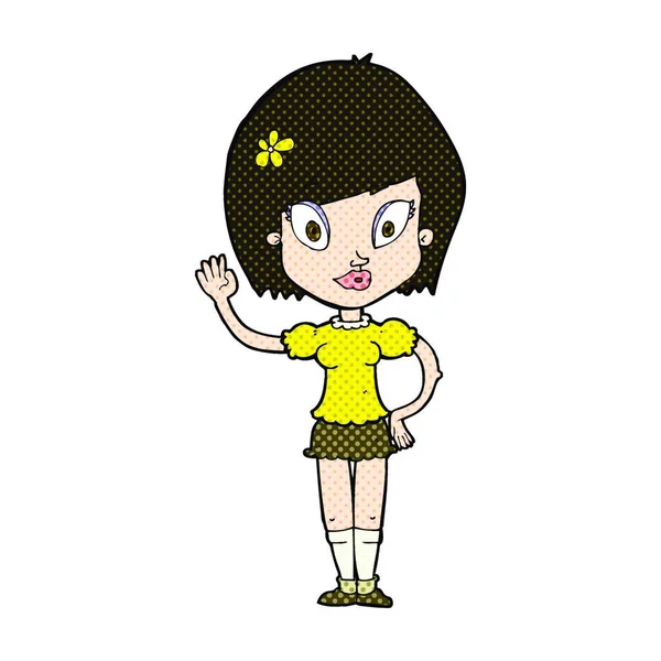 Retro Comic Book Style Cartoon Hübsche Mädchen Winken — Stockvektor