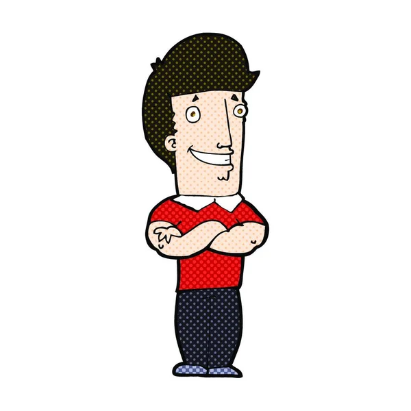 retro comic book style cartoon man with folded arms grinning