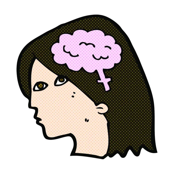 Cabeza Femenina Dibujos Animados Estilo Cómic Retro Con Símbolo Cerebral — Vector de stock