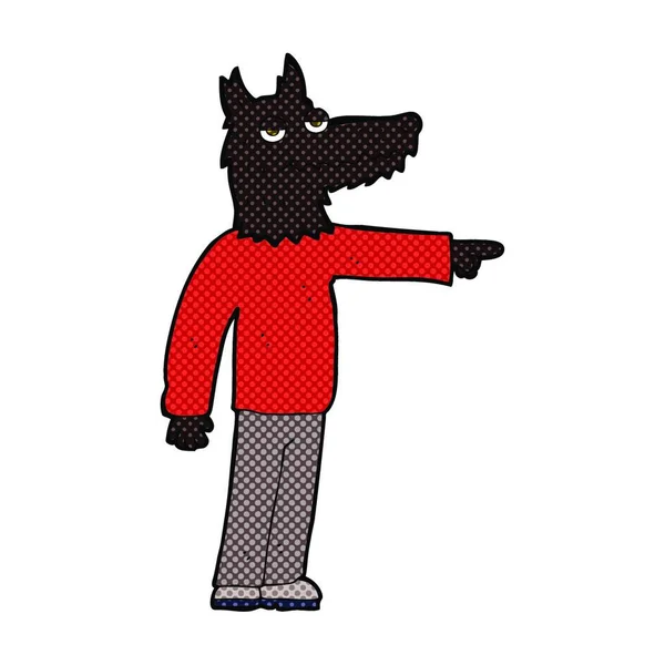 Retro Stripverhaal Stijl Cartoon Wolf Man Wijzend — Stockvector