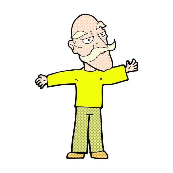 Retro Comic Style Cartoon Old Man Spreading Arms Wide — стоковый вектор