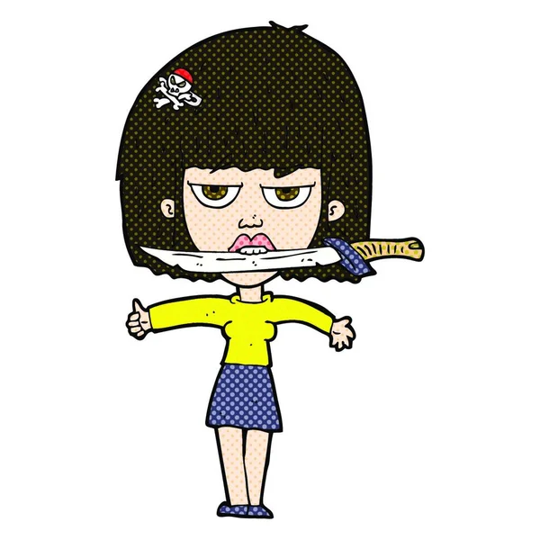 歯の間にナイフを持つレトロ漫画スタイルの漫画の女性 — ストックベクタ
