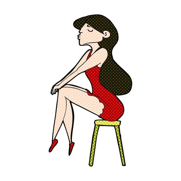 レトロな漫画風の女がスツールに腰掛けて — ストックベクタ