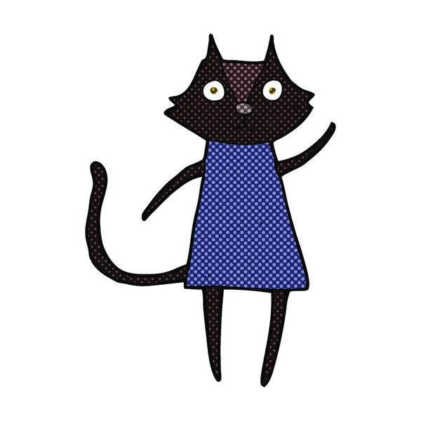 Lindo Retro Cómic Estilo Dibujos Animados Gato Negro Ondeando — Vector de stock