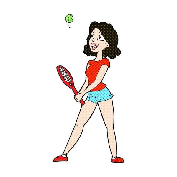 Retro Komiksu Stylu Kobieta Kreskówka Grać Tenisa — Wektor stockowy