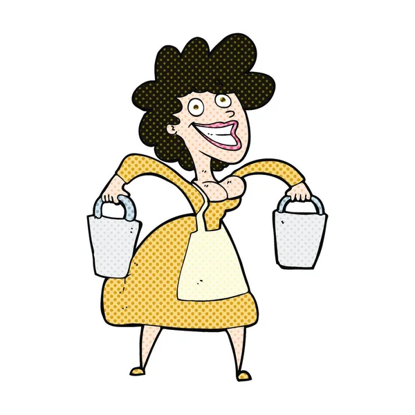 Retro Quadrinhos Estilo Cartoon Milkmaid Carregando Baldes — Vetor de Stock