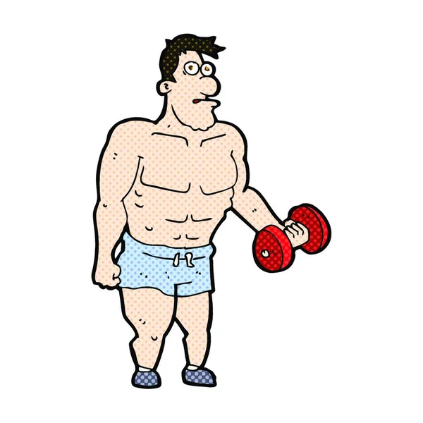 Retro Comic Book Style Cartoon Man Lifting Weights — Stock Vector