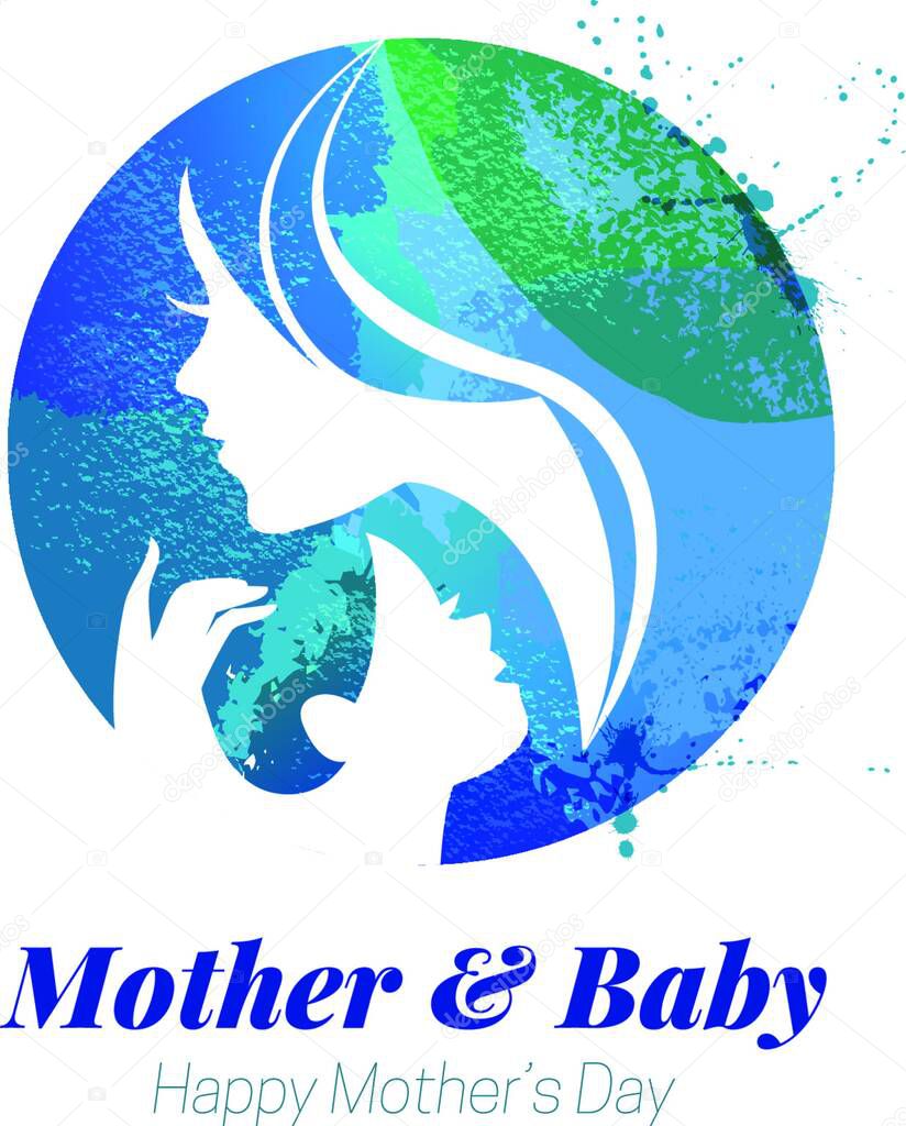 Vector watercolor effect illustration of mother silhouette with her baby. Card of Happy Mothers Day. Logo of beautiful woman and child