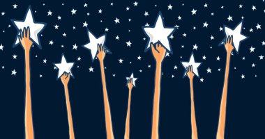 Cartoon illustration of group of hands reaching for the stars seeking success or catching dreams clipart
