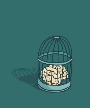Cartoon illustration of locked brain caged in birdcage clipart