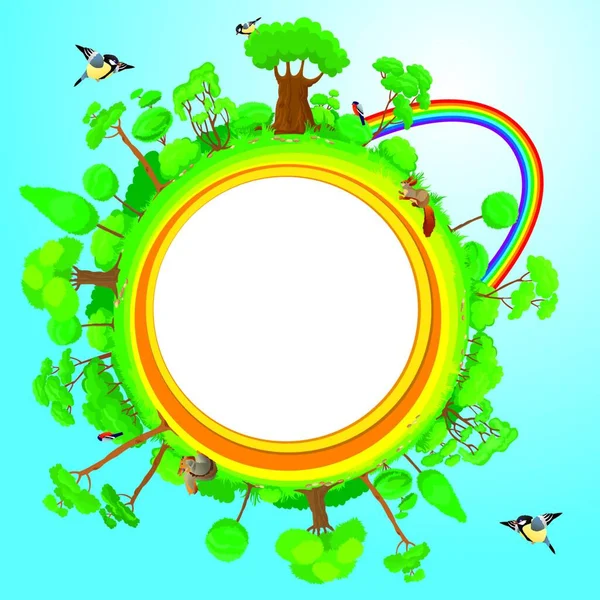 Σφαίρα Πράσινα Δέντρα Πουλιά Ζώα Ουράνιο Τόξο Eco Concept — Διανυσματικό Αρχείο