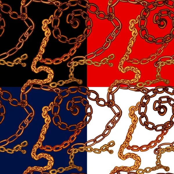 Reihe Nahtloser Muster Mit Handgezeichneten Goldketten Auf Schwarzem Rotem Blauem — Stockvektor