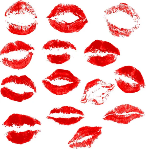 Set Hermosos Labios Rojos Estampados Sobre Fondo Blanco Aislado — Vector de stock