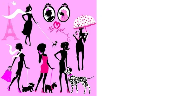 Ensemble Silhouettes Noires Filles Mode Avec Leurs Animaux Compagnie Chiens — Image vectorielle