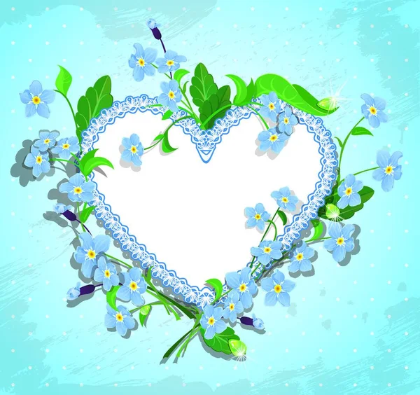 Букет Красивой Забыть Меня Цветы Кружева Сердце Голубой Горошек Фон — стоковый вектор
