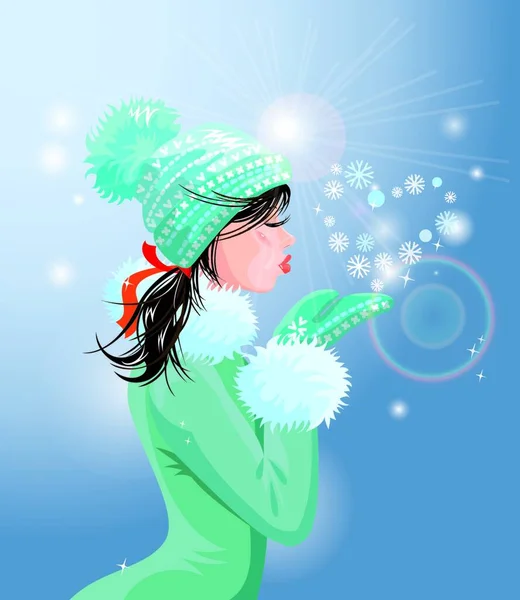 Beautiful Brunette Girl Warm Blue Winter Blowing Snow Her Hands — Stock Vector