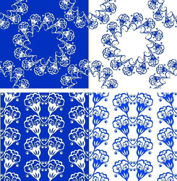 Set Seamless Blue Color Floral Patterns Ornamental Background — Stock Vector