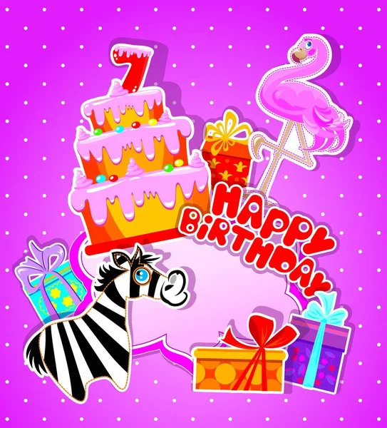 Baby Birthday Card Flamingo Zebra Big Cake Gift Boxes Seven — Stock Vector