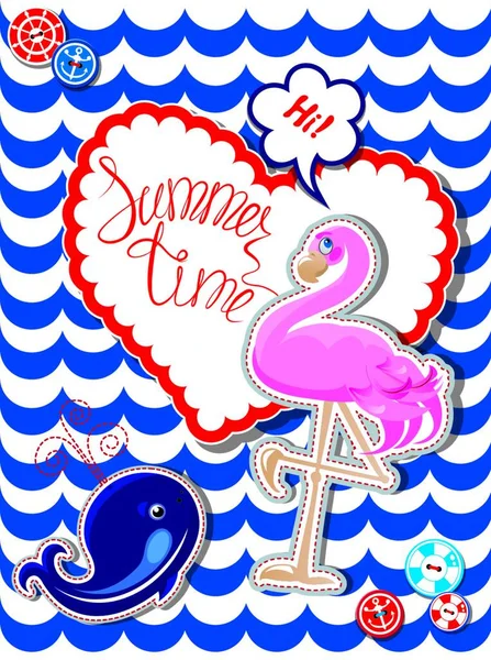 Lustige Karte Mit Rosa Flamingo Und Wal Auf Streifenhintergrund Herzrahmen — Stockvektor