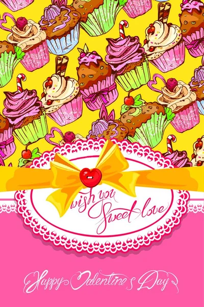 Weihnachtskarte Mit Verzierten Süßen Muffins Hintergrund Spitzen Frame Bogen Und — Stockvektor