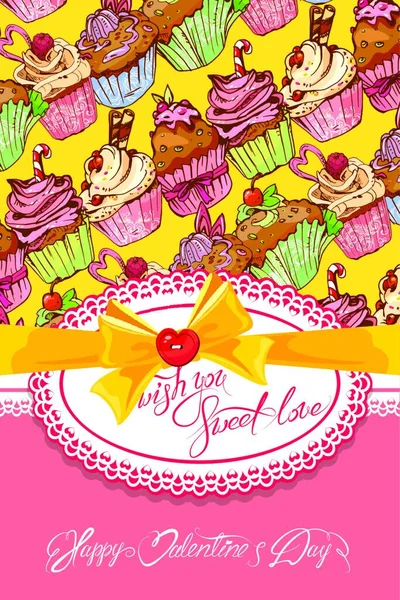 Biglietto Natalizio Con Sfondo Decorato Dolci Cupcakes Cornice Pizzo Fiocco — Vettoriale Stock