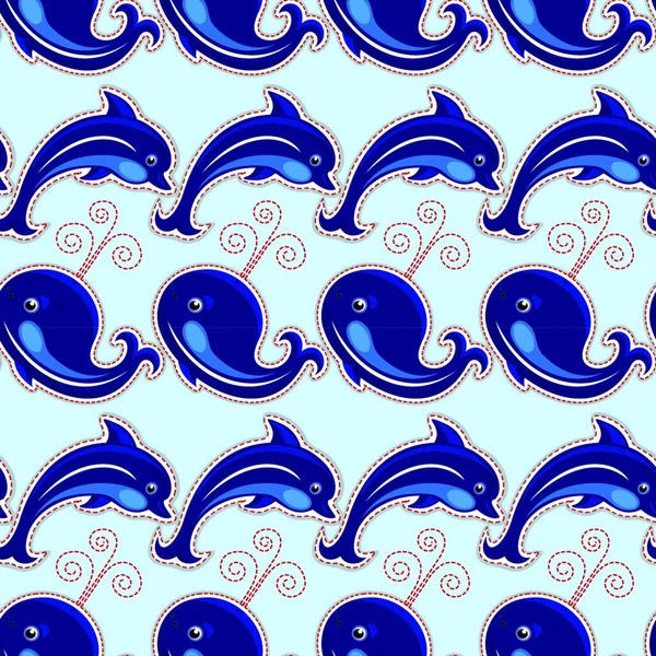 Modelo Sin Costuras Con Ballenas Delfines Fondo Ornamental — Vector de stock