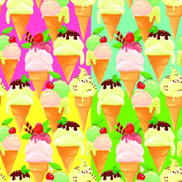 组无缝模式与冰淇淋锥体与釉 巧克力 草莓和樱桃 粉红色 黄色背景 — 图库矢量图片