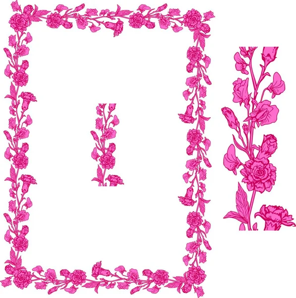 Conjunto Ornamentos Cores Rosa Vermelho Borda Floral Decorativa Desenhada Mão — Vetor de Stock