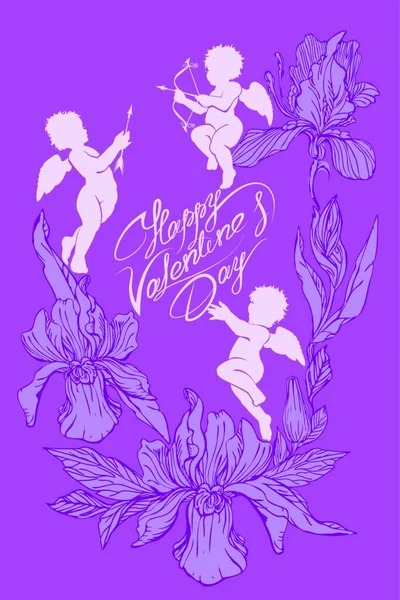 Carte Vacances Avec Anges Mignons Fleurs Orchidée Sur Fond Violet — Image vectorielle