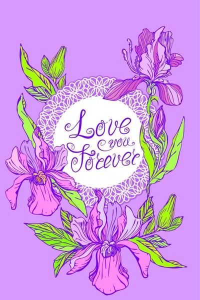 Karte Mit Rundem Spitzenrahmen Und Orchideenblumen Auf Violettem Hintergrund Handgeschriebene — Stockvektor