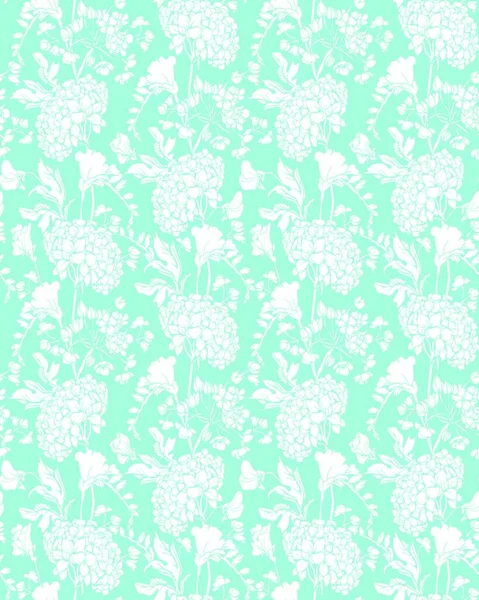 Seamless pattern with Realistic graphic flowers - sweet pea and gardenia - hand drawn background in white and blue colors.