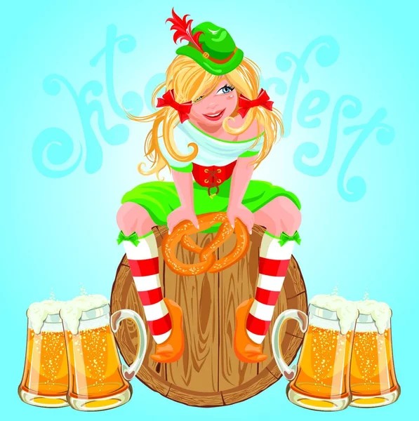 Menina Baviera Bonita Com Cerveja Pretzel Oktoberfest Cartão —  Vetores de Stock