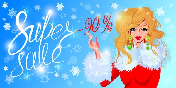 Descuento Navidad Banner Horizontal Con Smiling Happy Blond Girl Súper — Vector de stock