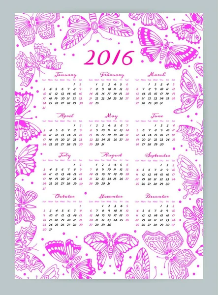 Ημερολόγιο 2016 Έτος Διακοσμητικές Πεταλούδες Διανυσματικό Πρότυπο Σχεδιασμού Ημερολόγιο 2016 — Διανυσματικό Αρχείο