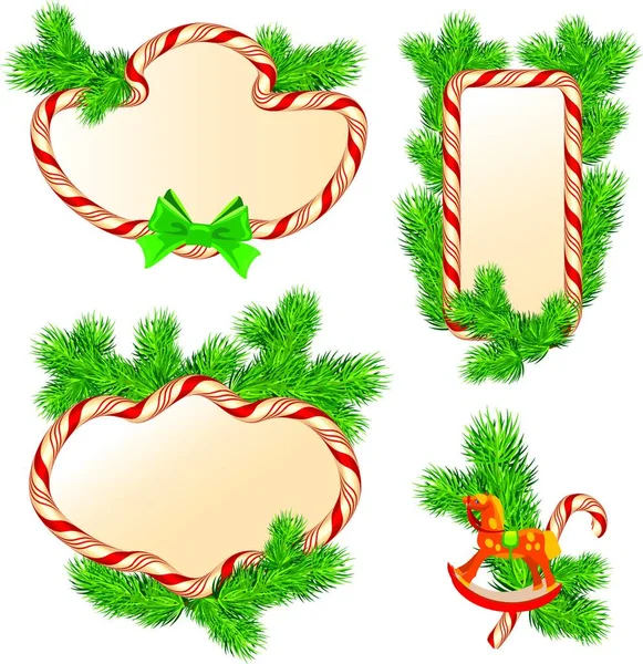 Set Fir Tree Branches Candy Frames Borders Elements Winter Holidays — Stock Vector