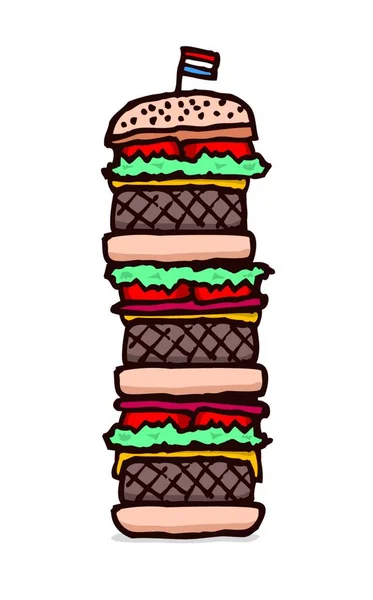 Illustration Dessin Animé Hamburger Géant Malbouffe — Image vectorielle