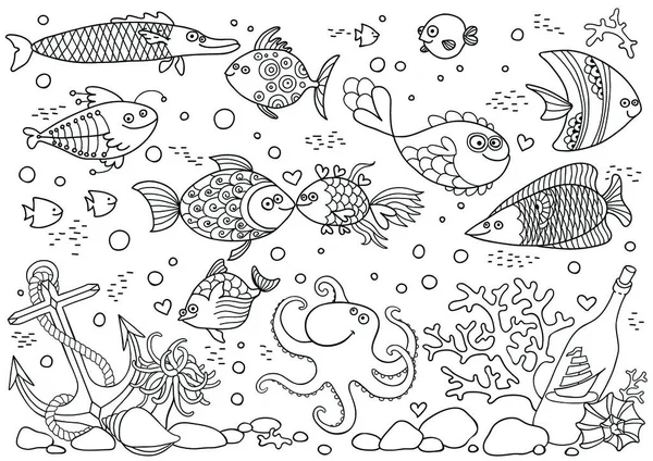 Zabarwienie Podwodny Świat Akwarium Rybami Ośmiornica Koralowce Kotwica Muszle Kamienie — Wektor stockowy