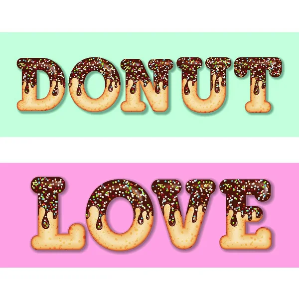 Tempting Typography Icing Text Words Donut Love Glazed Chocolate Candy — Stock Vector