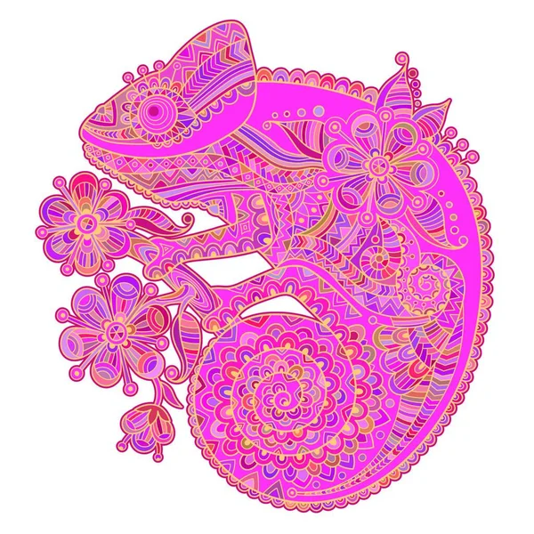 Vector Illustratie Met Een Kameleon Mooie Patronen Roze Tinten Vector — Stockvector