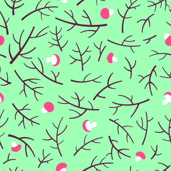 Seamless Pattern Tree Branch Mushrooms Green Background Seamless Pattern Tree — Stock Vector